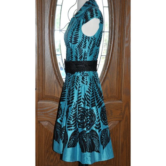 Kay Unger of New York Teal & Black Silk Dress With Black Belt - Picture 4 of 8